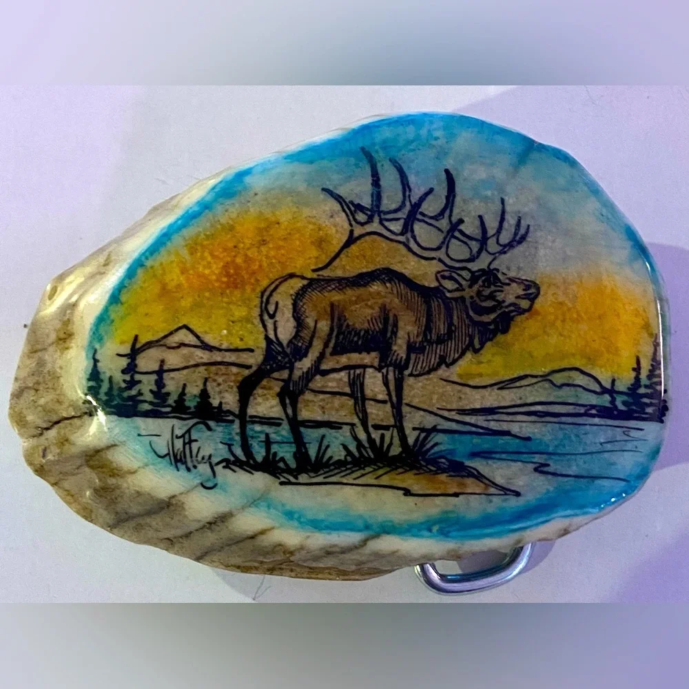 Antler Burr Belt Buckle Painted Buck Polished Vintage Signed